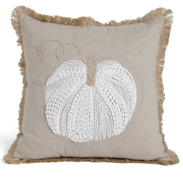 Tan Cotton Pillow with Fringe and Knit White Pumpkin