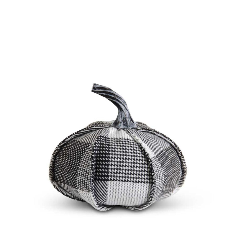 Gray and Black Plaid Fabric Pumpkin with Stem