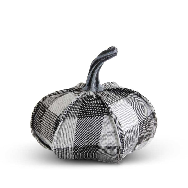 Gray and Black Plaid Fabric Pumpkin with Stem