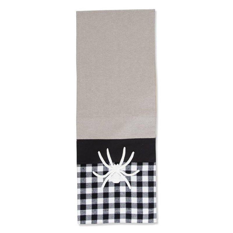 Black Halloween Table Runner with White Embroidered Spider & Plaid - 72 inch