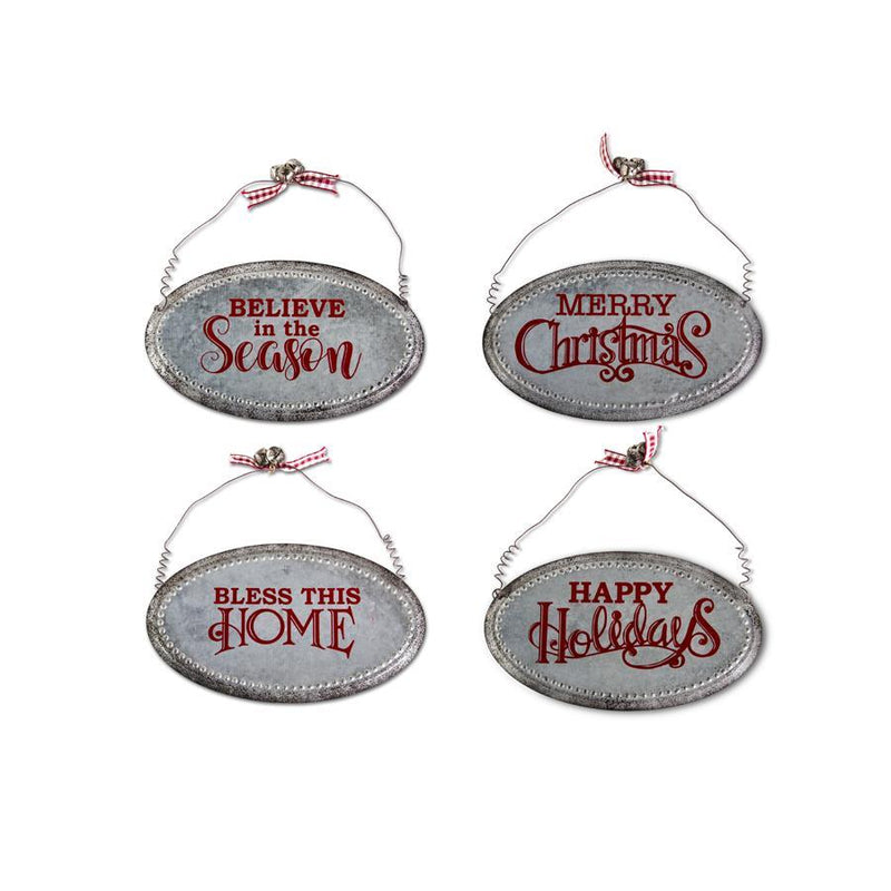 Galvanized Metal Christmas Message Ornaments with Ribbons