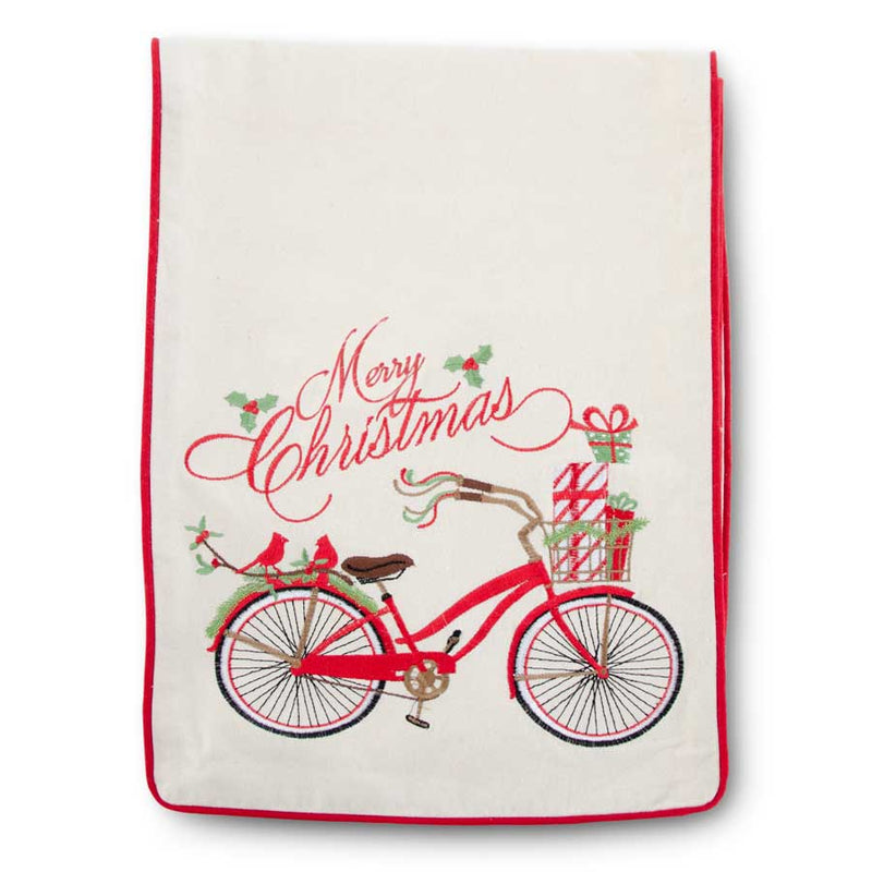 Cream Linen Runner with Embroidered Merry Christmas and Bike