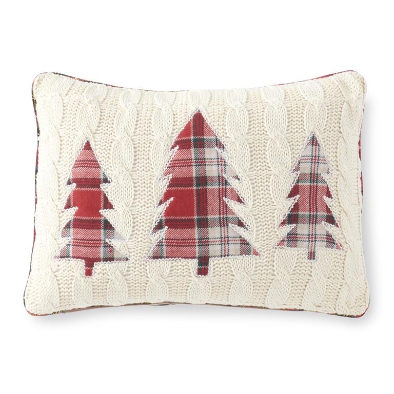 Cream Cable Knit Pillow with 3 Plaid Trees with Piping - 14 inch