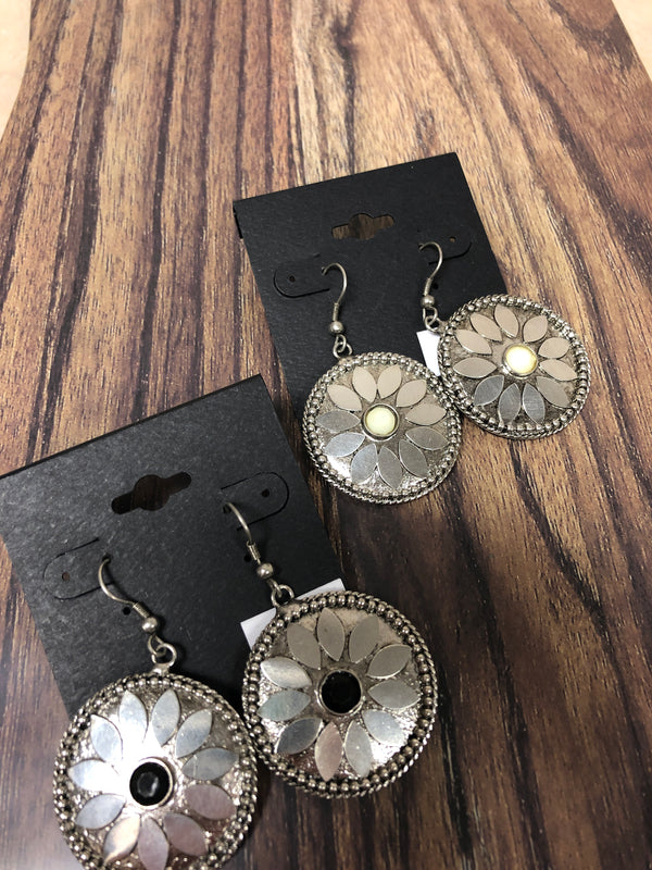 Metal Earrings with Black or White Gem Stone