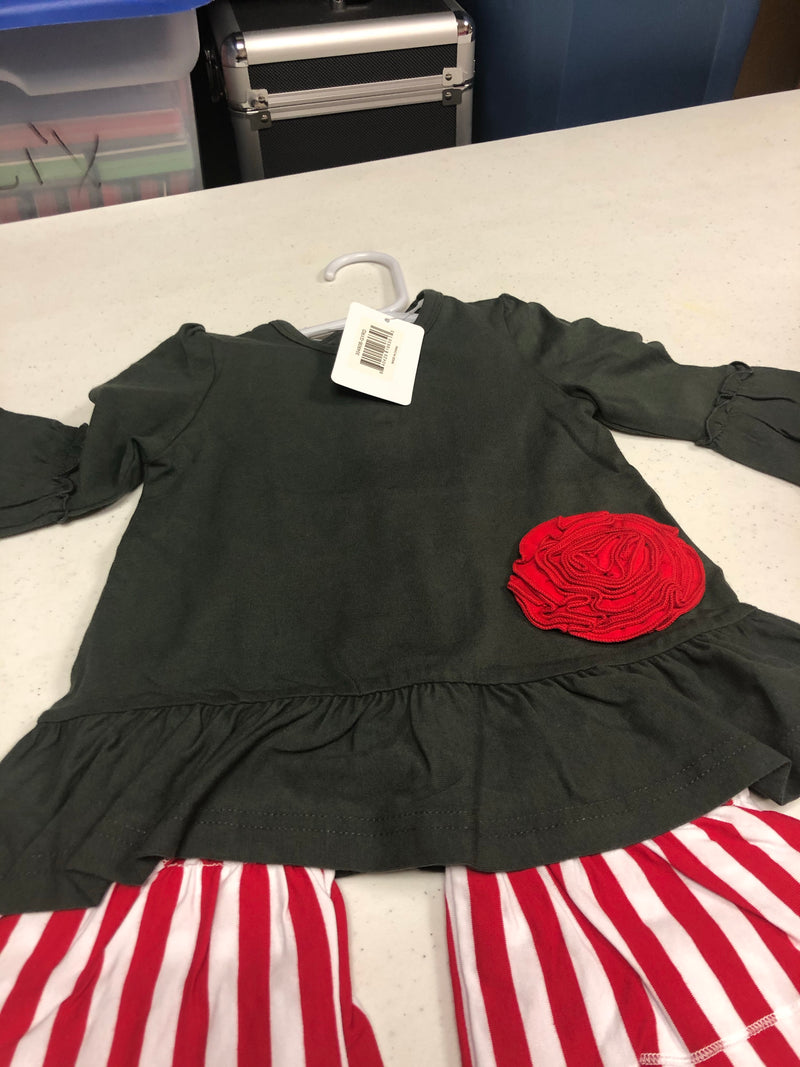Gray Quatrefoil Ruffle Outfit with Red and White Strip Pant Red Flower - 12 - 18 Month