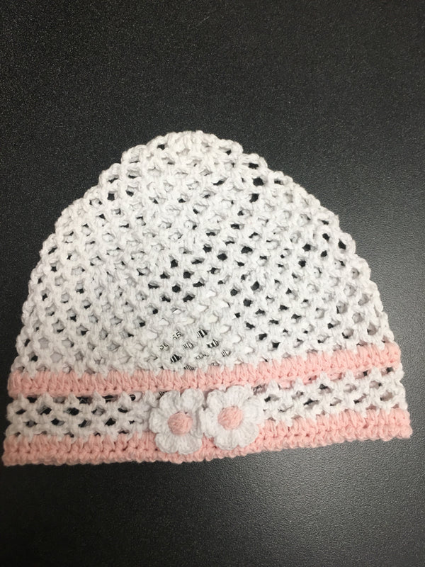Knit Baby Girl Stocking Cap - White with Pink Trim