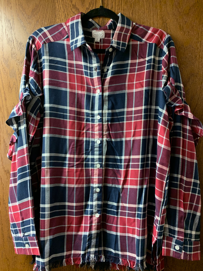 Navy and Red Button Down Plaid Cade Shirt - Medium