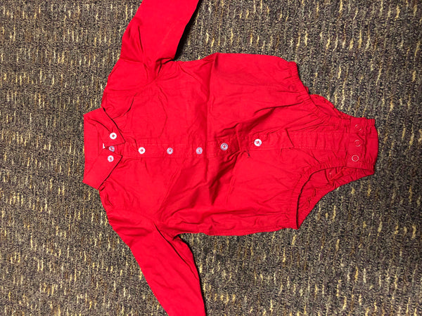 Red Cotton Oxford Long Sleeve Bodysuit - 12 - 18 Month
