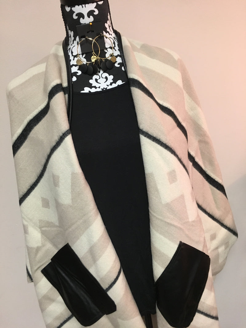 Tan and Cream Woven Cape with Faux Leather Poncho