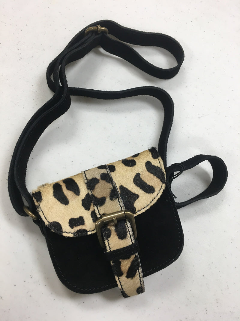 Leopard and Black Leather -  Small Cross body