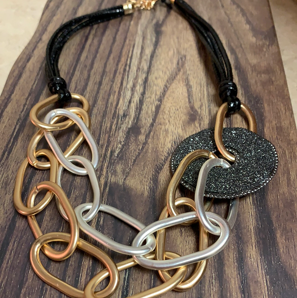 Multi - Strand Black Cord with Glitter Disk Necklace