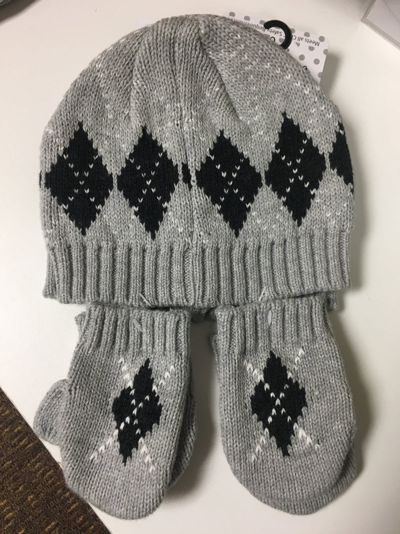 Grey Argyle Hat and Mitten Set  - One Size fits most