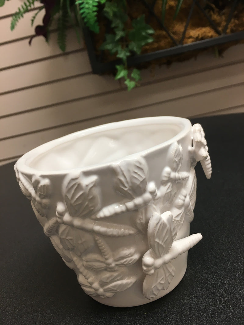 Round white Ceramic Planters wtih Dragonflies - K&K