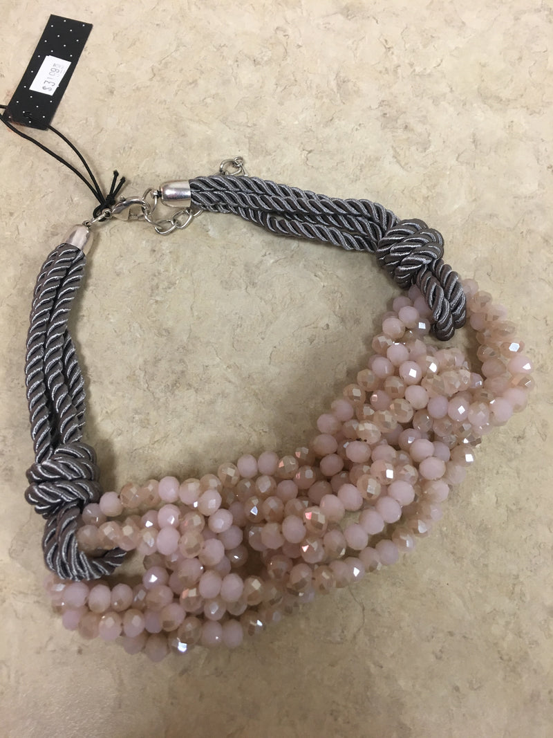 Pink Bead with Grey Cord Braided Necklace
