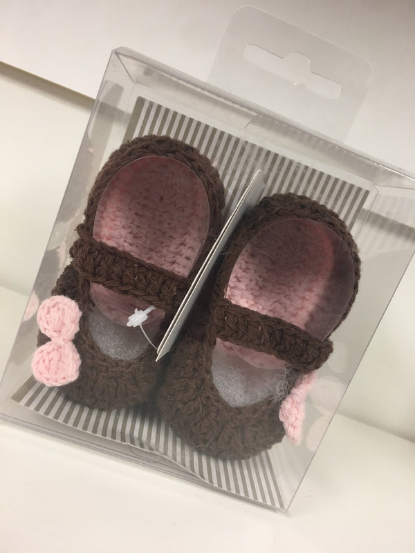 0-12 months crochet pink and brown shoes