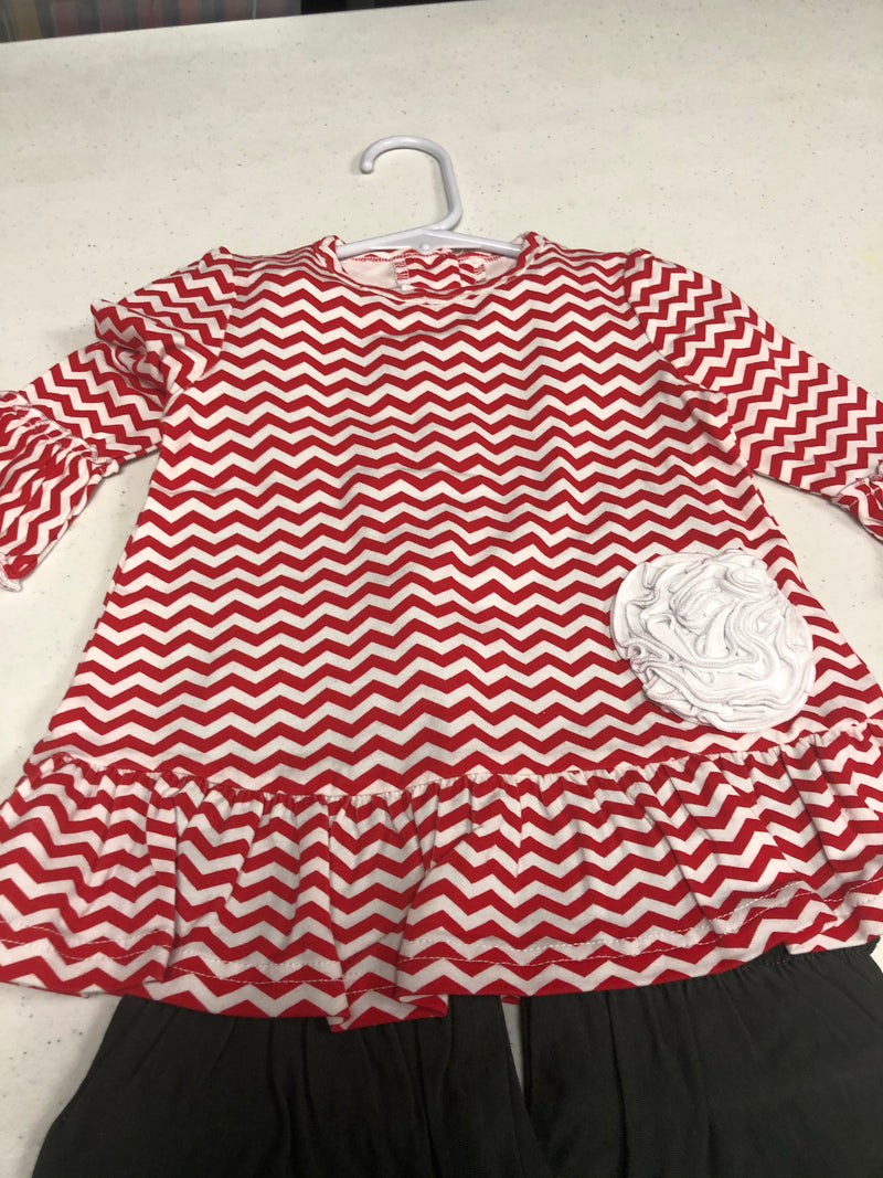Red Chevron Tunic and Gray Ruffle Pant with White Flower - 12 - 18 Month