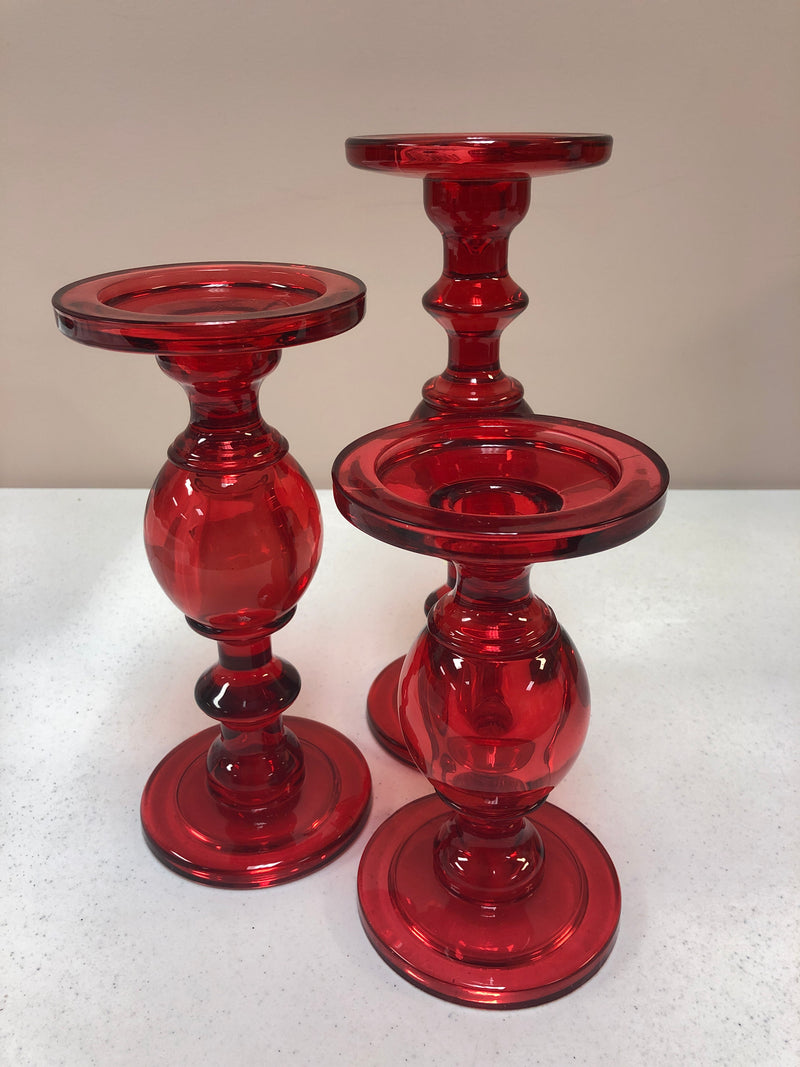 Red Transparent Glass Set of 3 CandleStick Holders