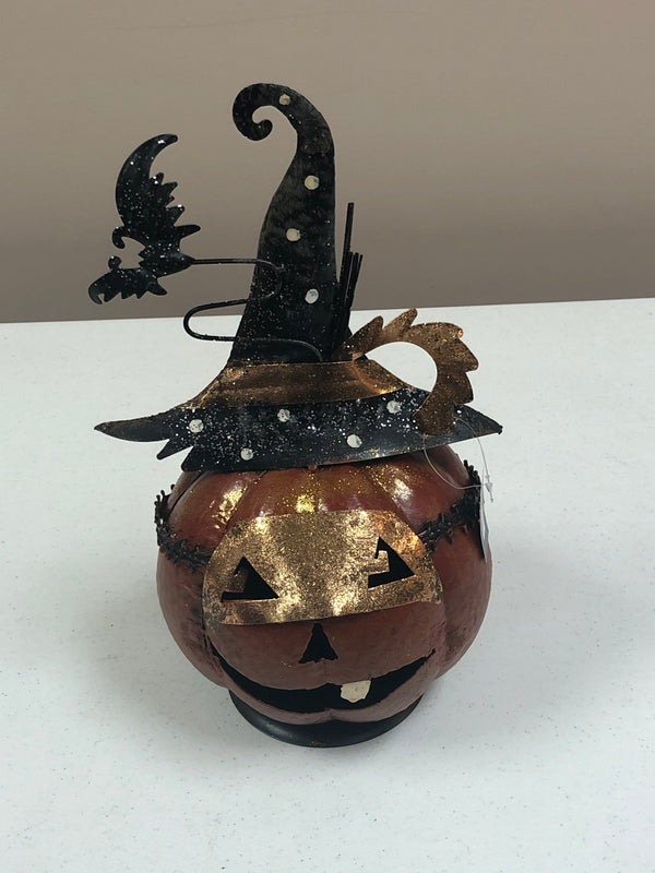 Metal Jack O'Lantern with Witch Hat and Mask