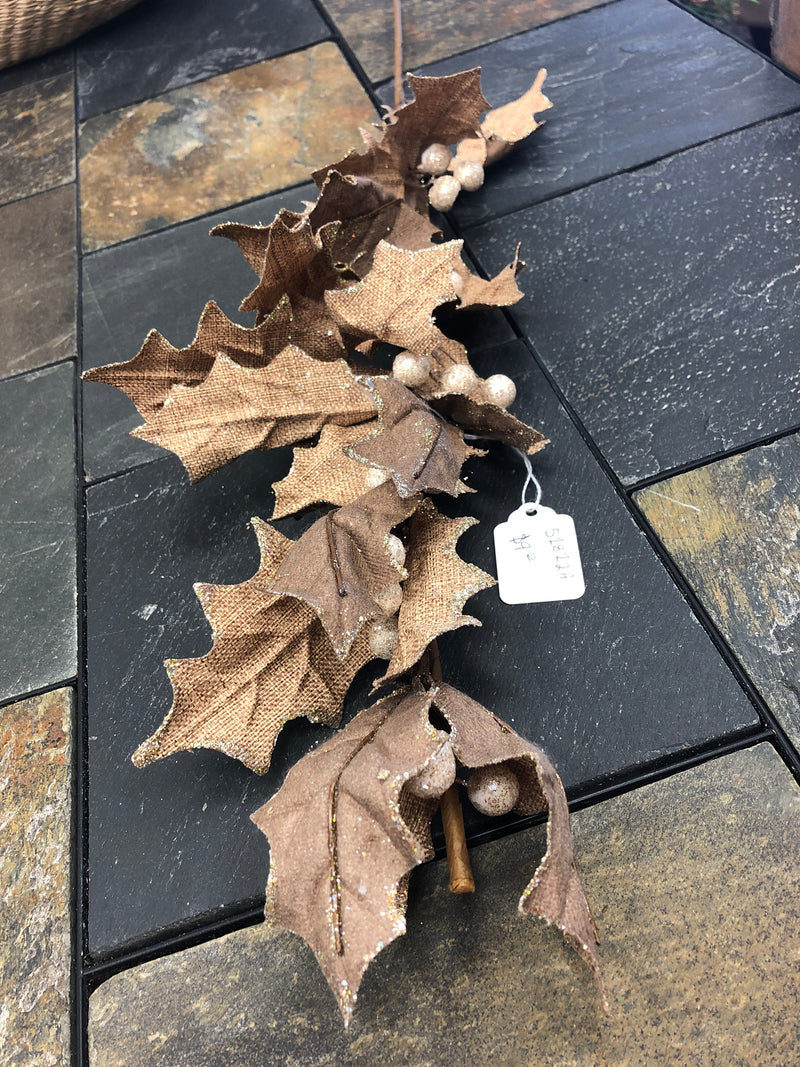 Brown and Copper Burlap Holly Leaf Stem