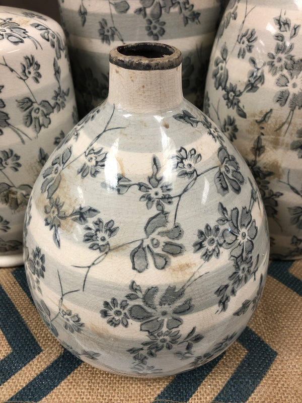 Gray Crackle Ceramic Vase with Floral Print