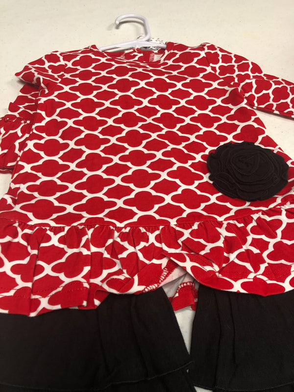 Red Quatrefoil Ruffle Outfit with Black Pant with Black Flower - 12 - 18 Month