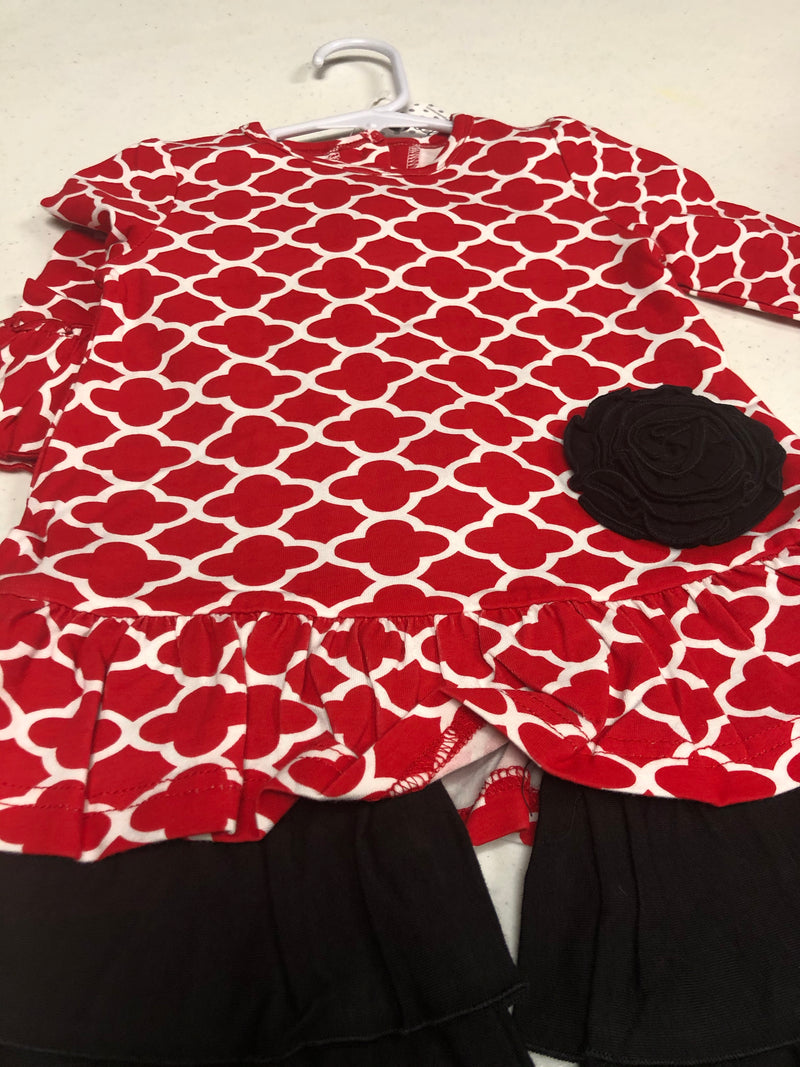Red Quatrefoil Ruffle Outfit with Black Pant with Black Flower - 6 - 12 Month