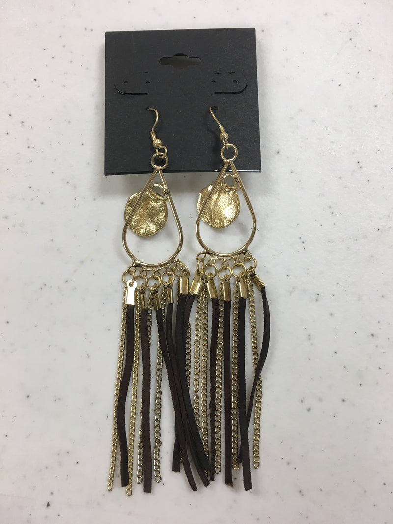 Gold Chain and Brown Suede Tassel Earrings