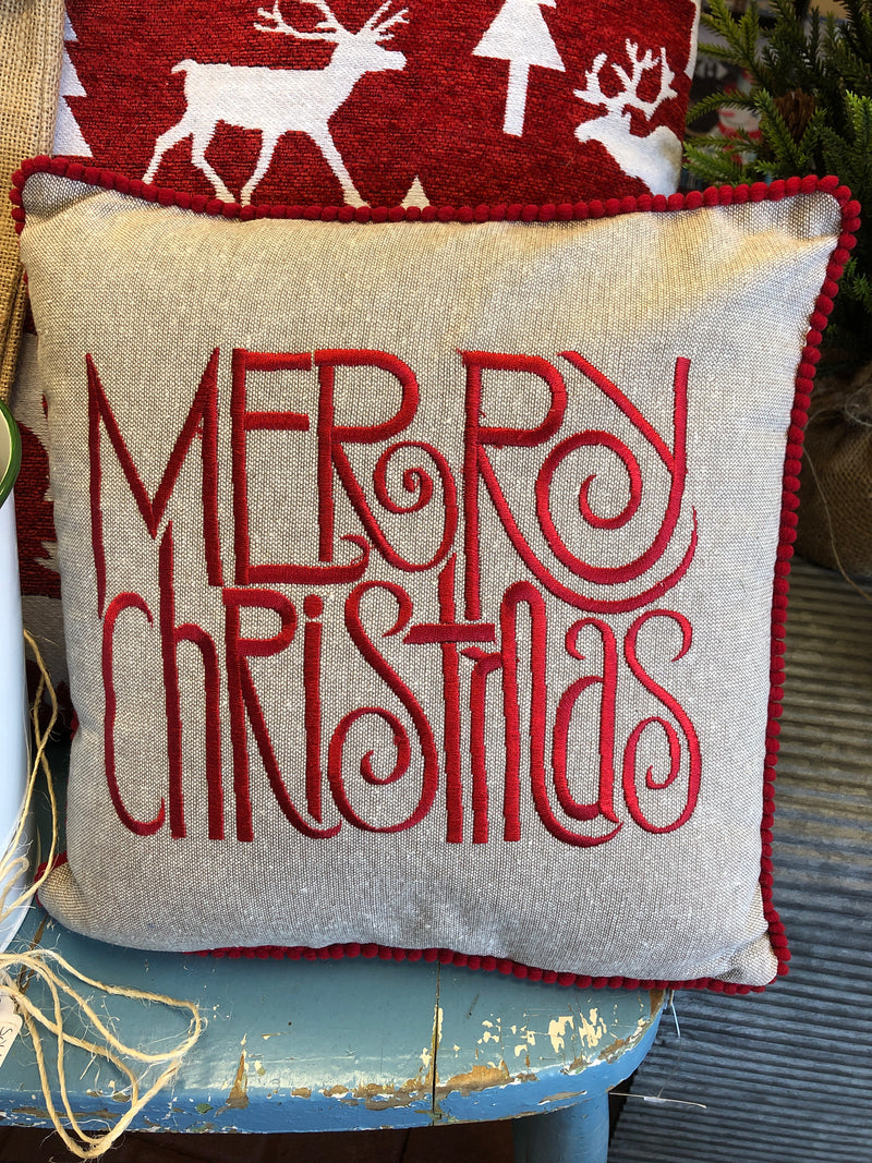 Merry Christmas In Canvas Square Pillow in Red Trim - 11inch