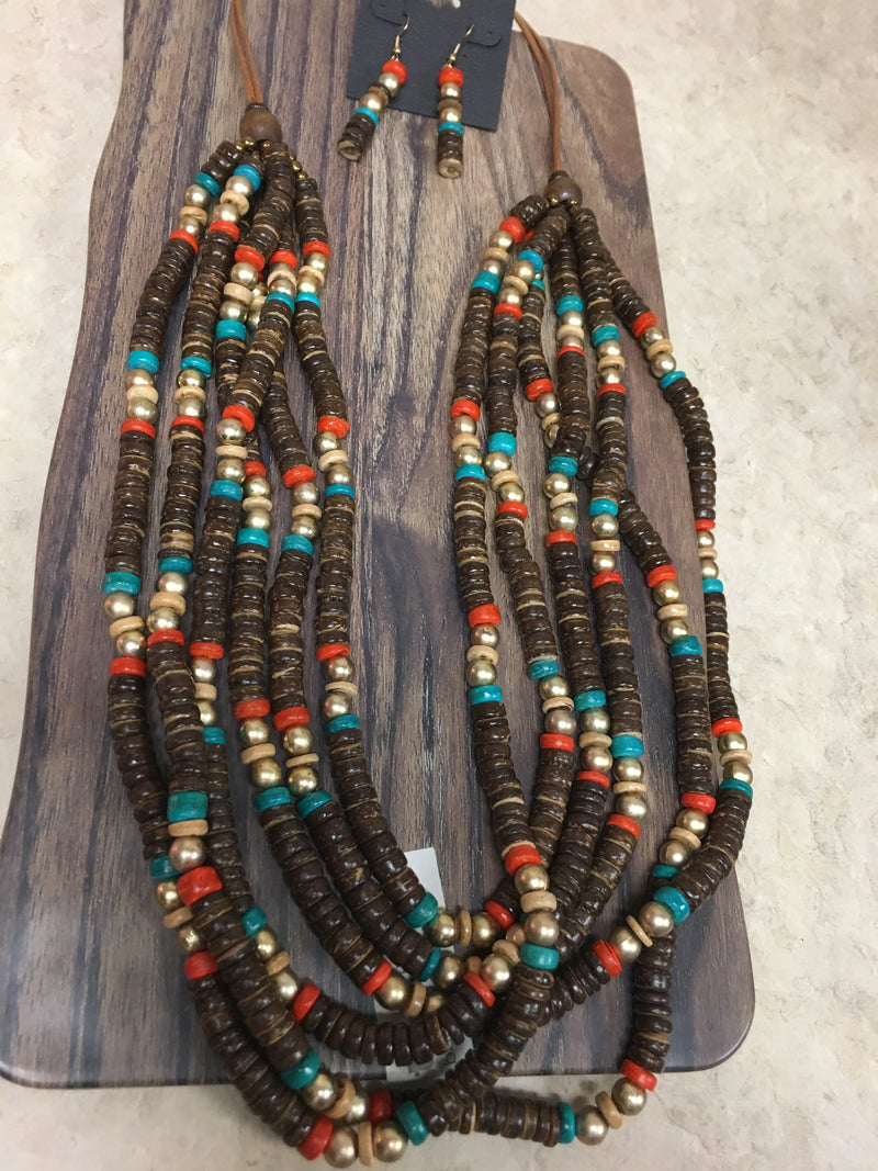Brown,Turquoise and Orange Beaded Necklace set