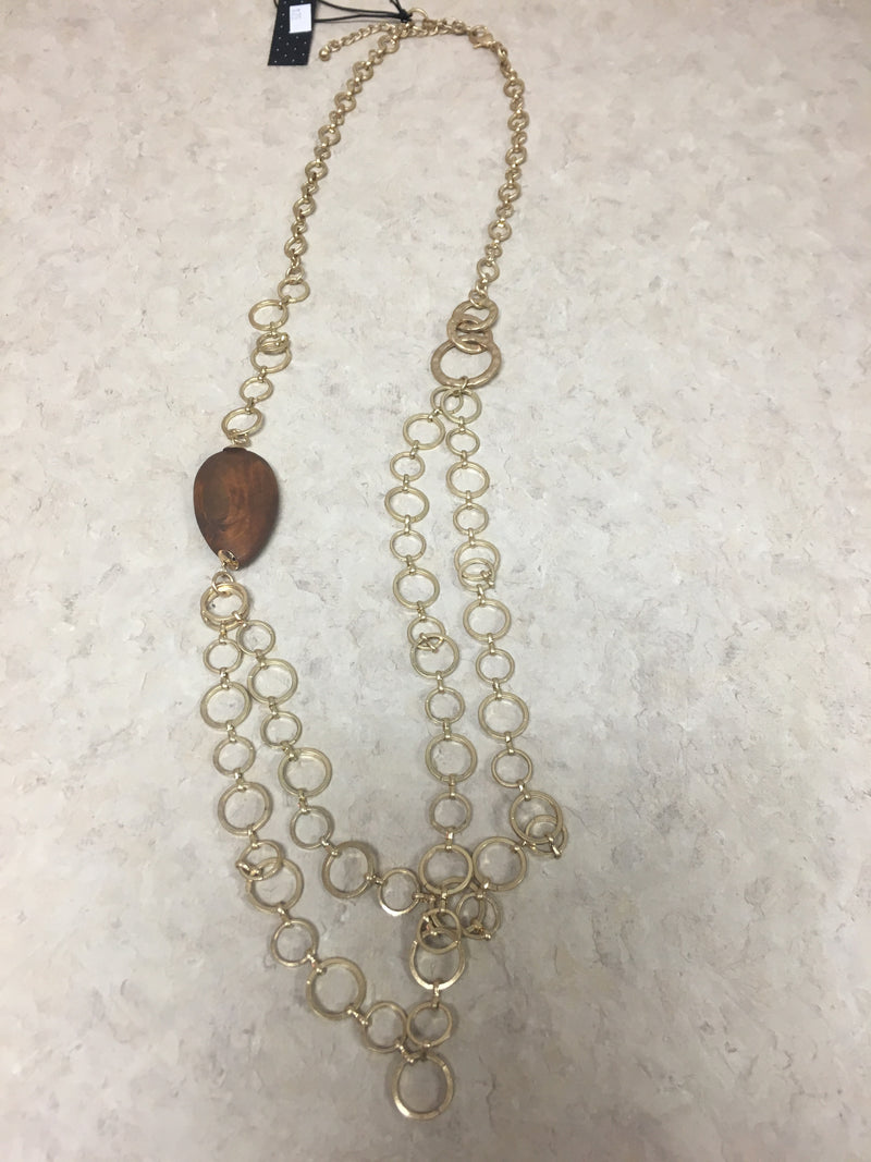 Gold Circle Chain with Wood Oval Disc Necklace