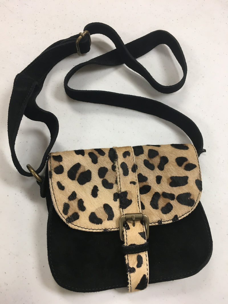 Leopard and Black Leather -  Large Cross body