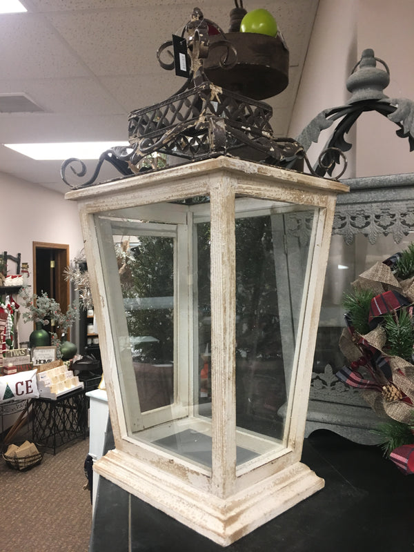 White Wood Lantern with Metal Scroll Top