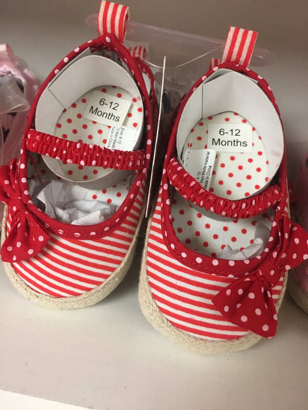 red stripe/white polka dot girl shoes with bows