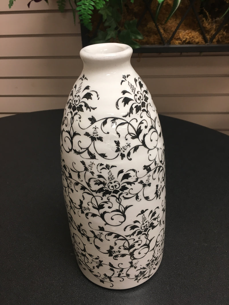 Black and White Ceramic Vine Patterned Vase- 12inch
