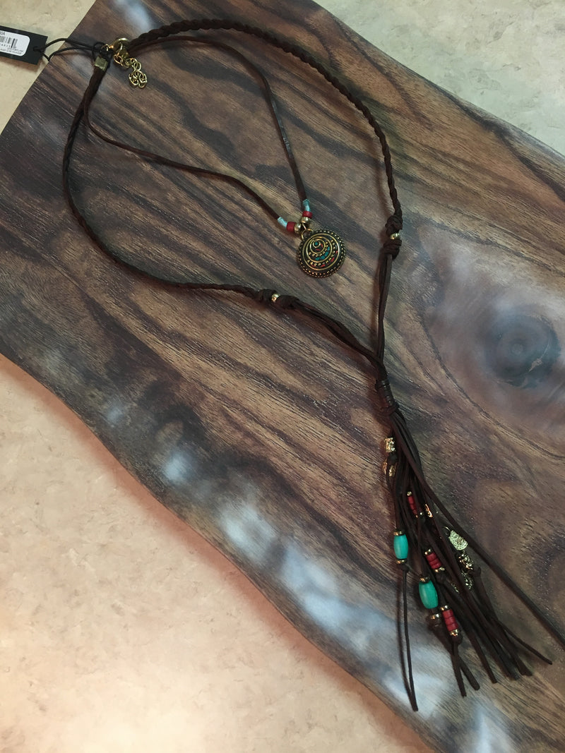 Brown Suede Lariat Necklace with Turquoise and Rust