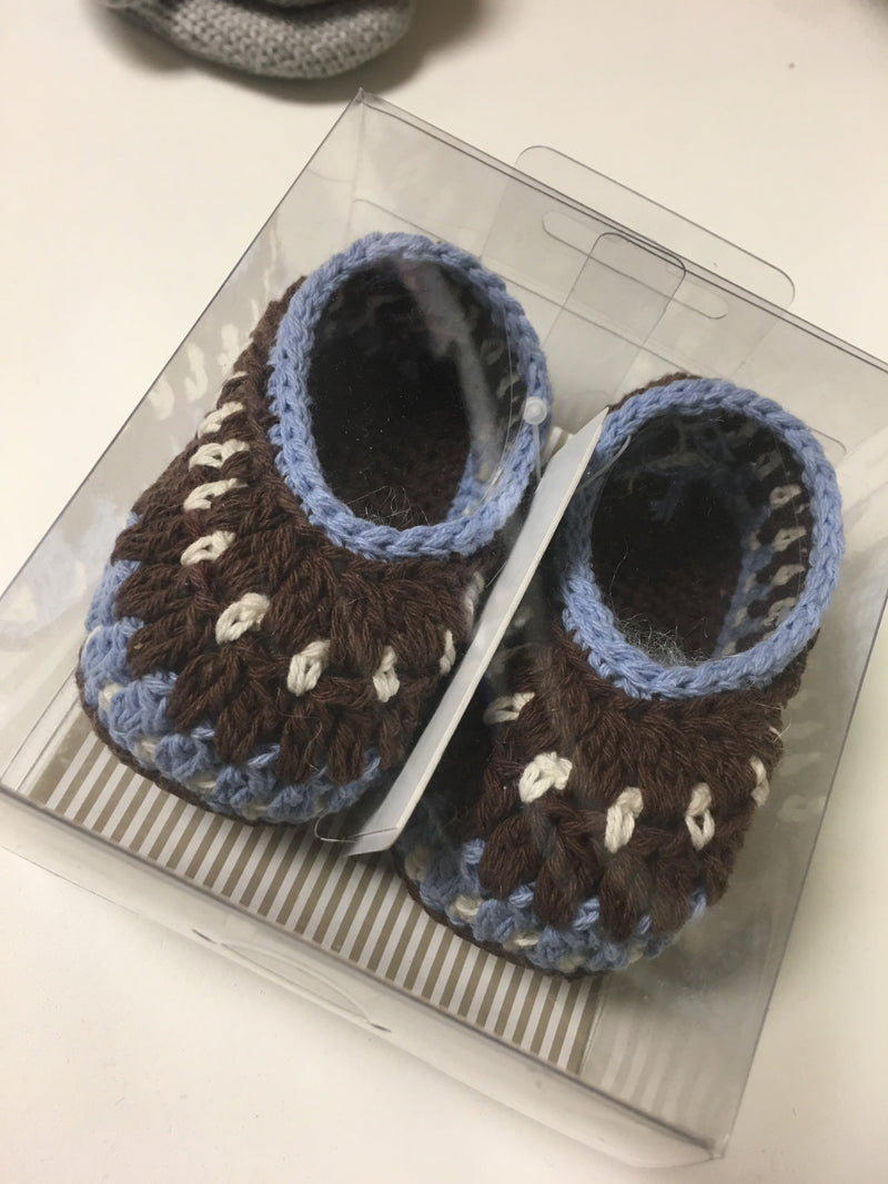 blue and brown cotton hand crocheted shoes
