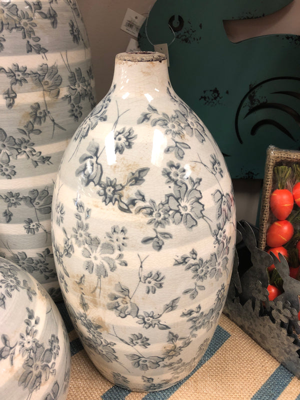 Gray Crackle Ceramic Vase with Floral Print