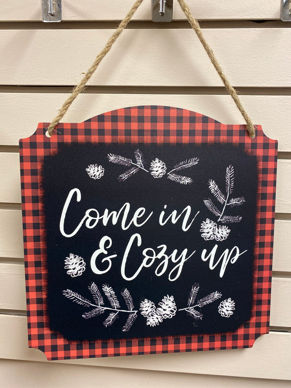 Come In & Cozy Up Metal Buffalo Check Hanging Sign