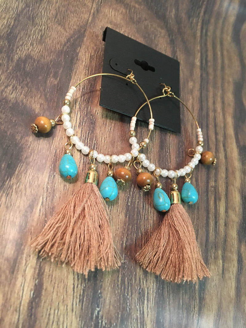 Gold Hoop Earrings with Pearl and Turquoise Beads