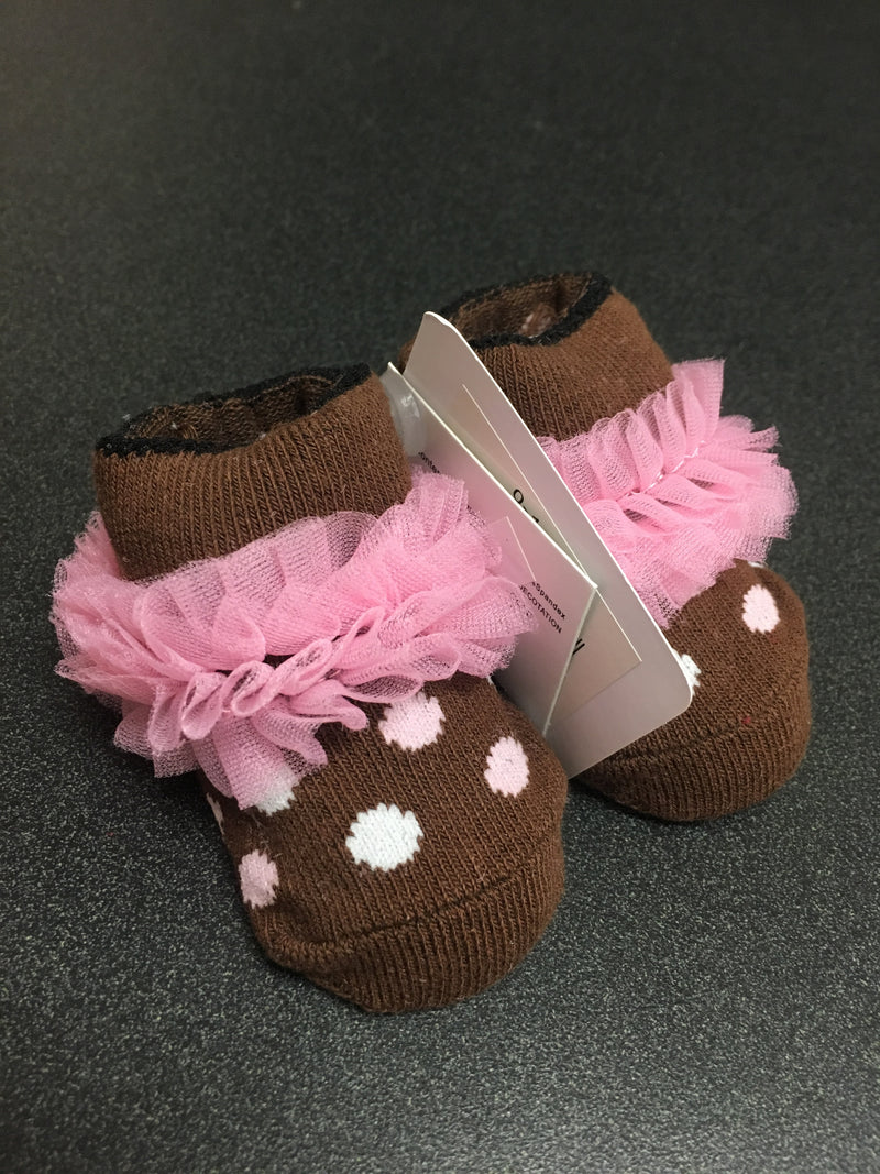 0-12 month brown/pink polka dot socks