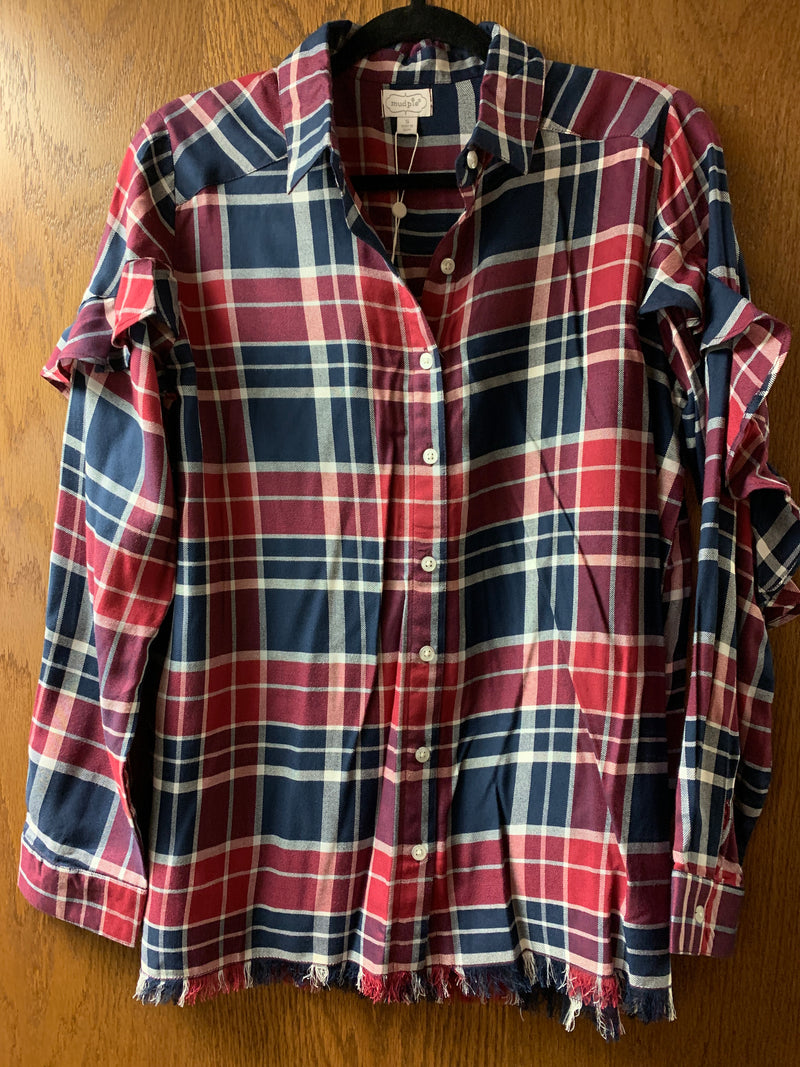 Navy and Red Button Down Plaid Cade Shirt - Small