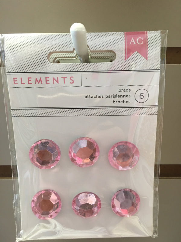 Pink Round Jewel Brads - 6 Count