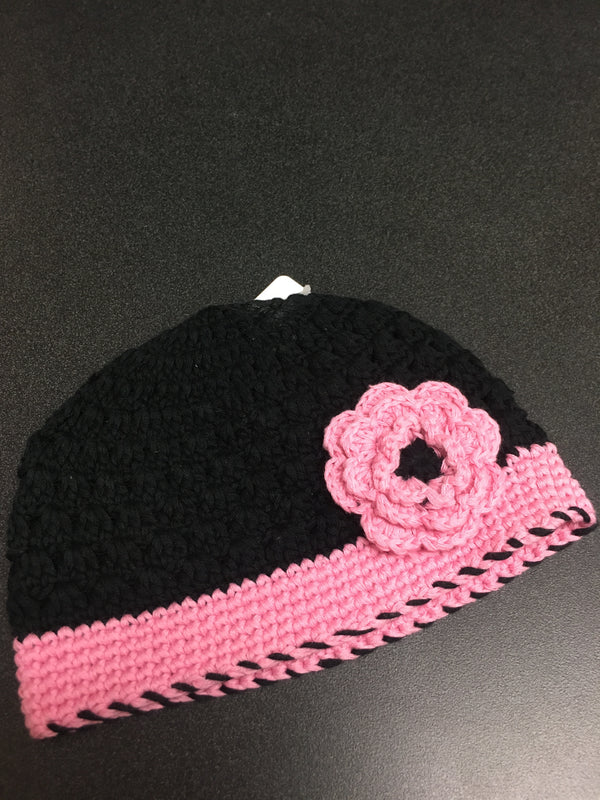 Black and Pink Crochet Hat with Flower