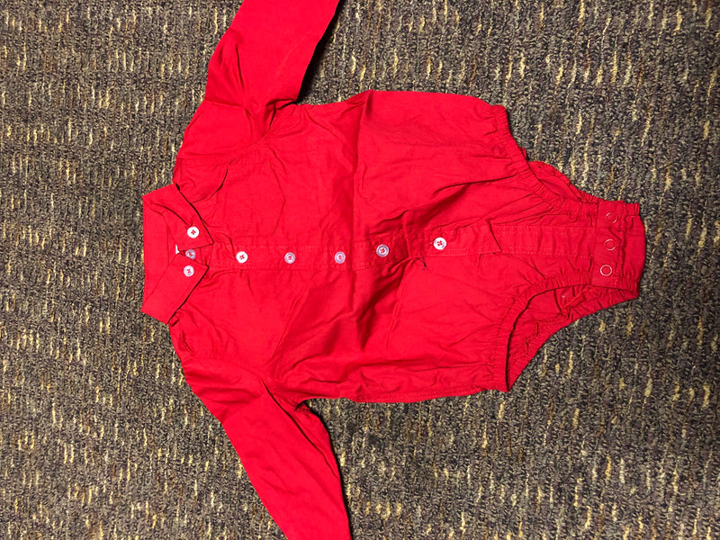 Red Cotton Oxford Long Sleeve Bodysuit - 6 - 12 Month
