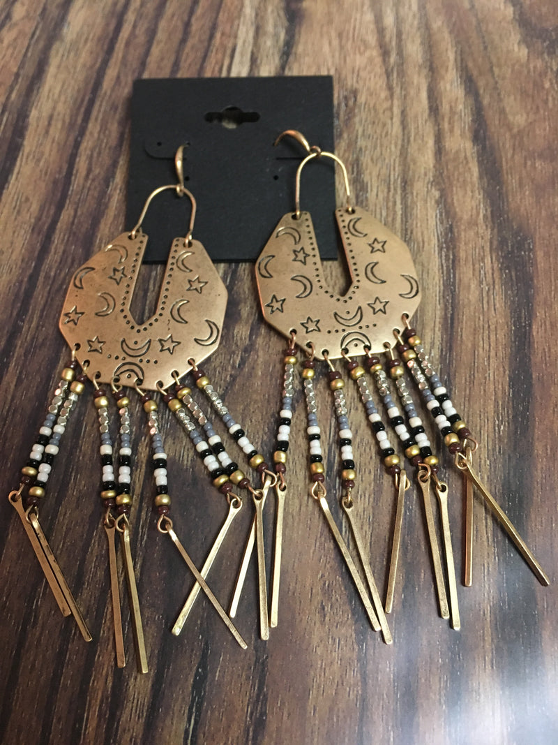 GOLD NAVAJO EARRINGS WITH WHITE, SILVER, BLACK BEADS