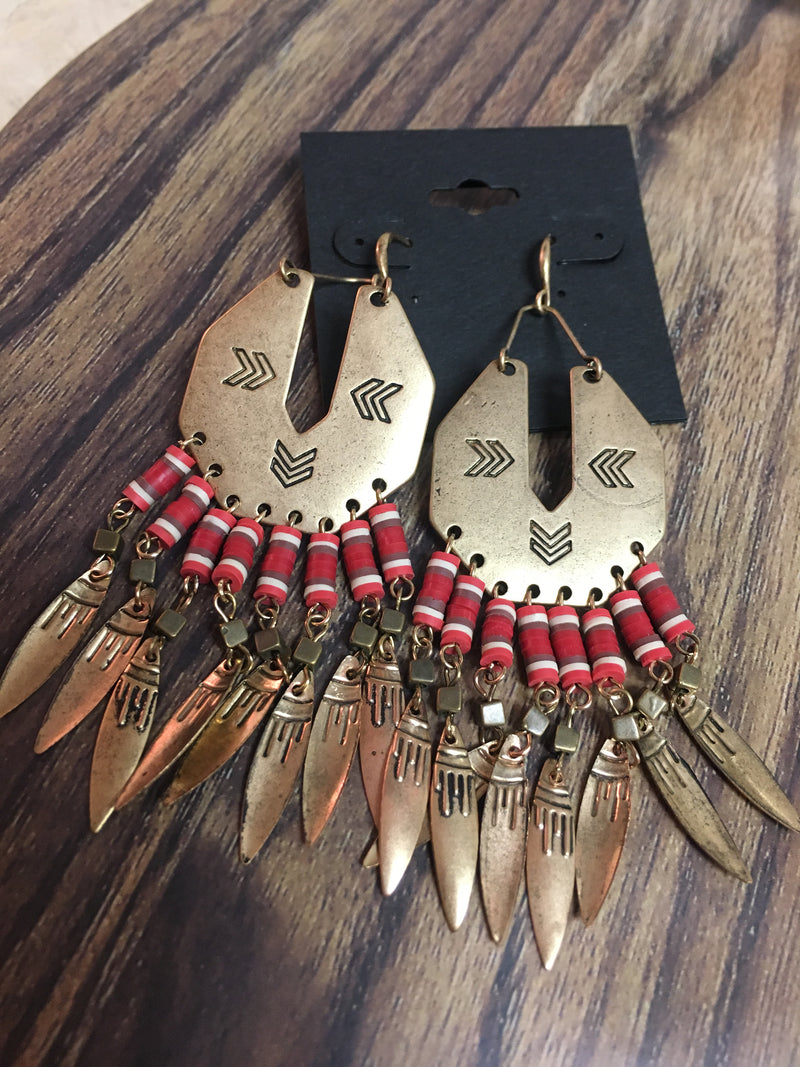 GOLD NAVAJO EARRINGS WITH CORAL AND BROWN BEADS