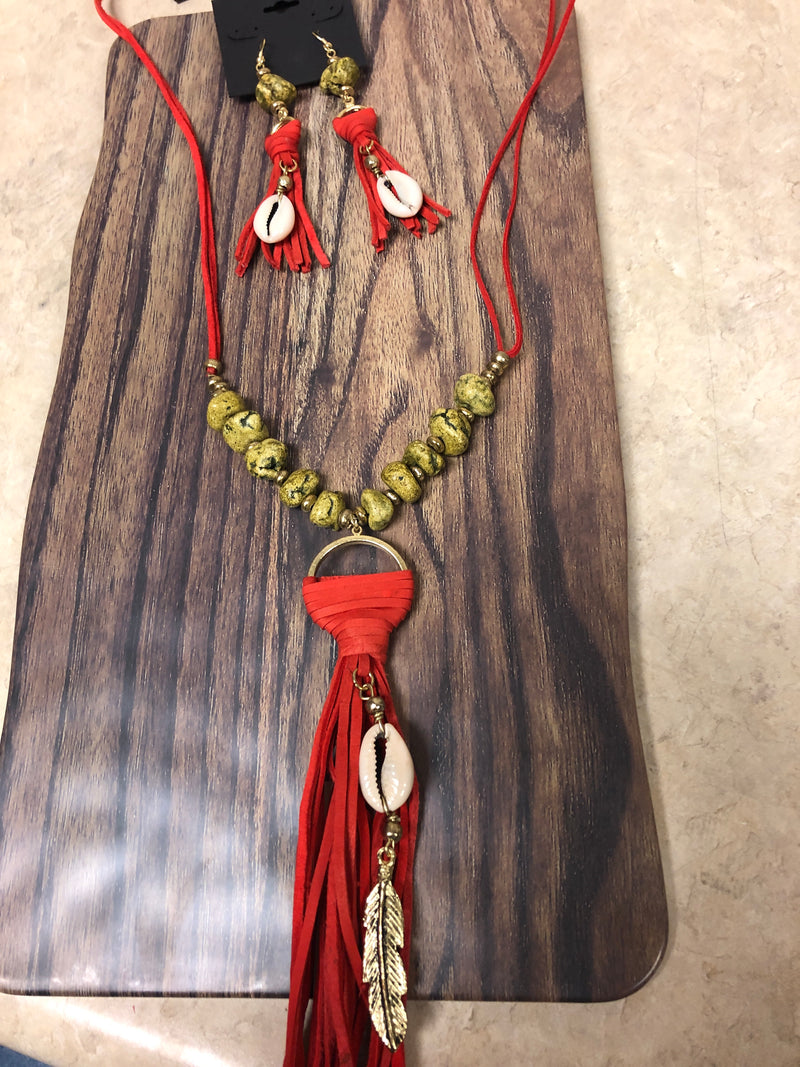 Burnt Orange Leather Cord with Green Bead and Tassel Necklace Set