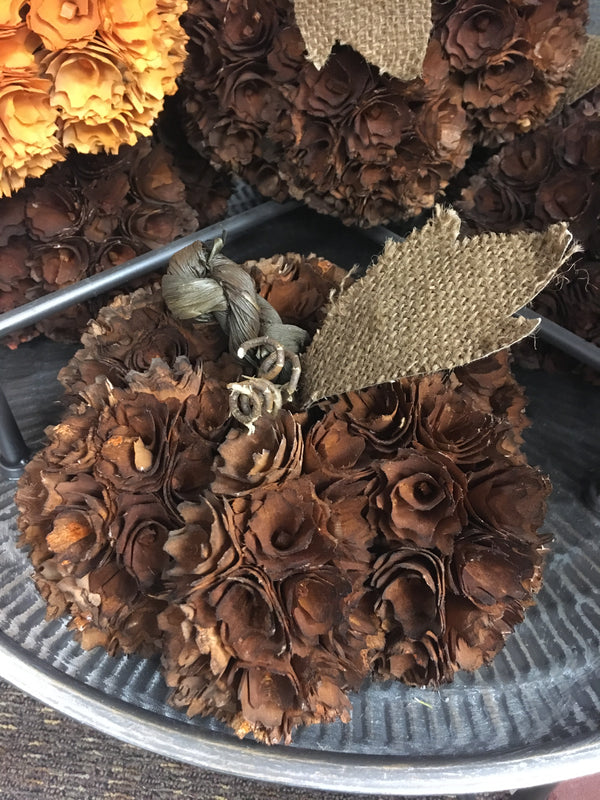 Brown wood shaved pumpkin 9 Inch