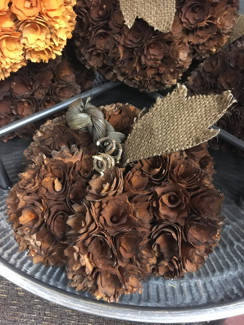 Brown wood shaved pumpkin 9 Inch