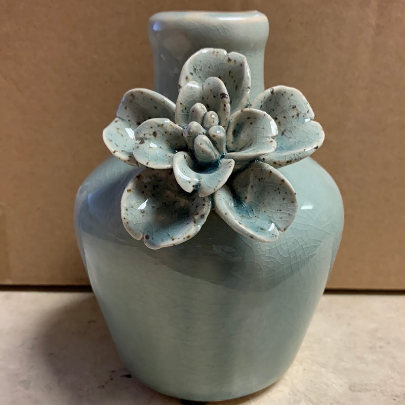 Light Blue Ceramic Vase with Raised Flowers